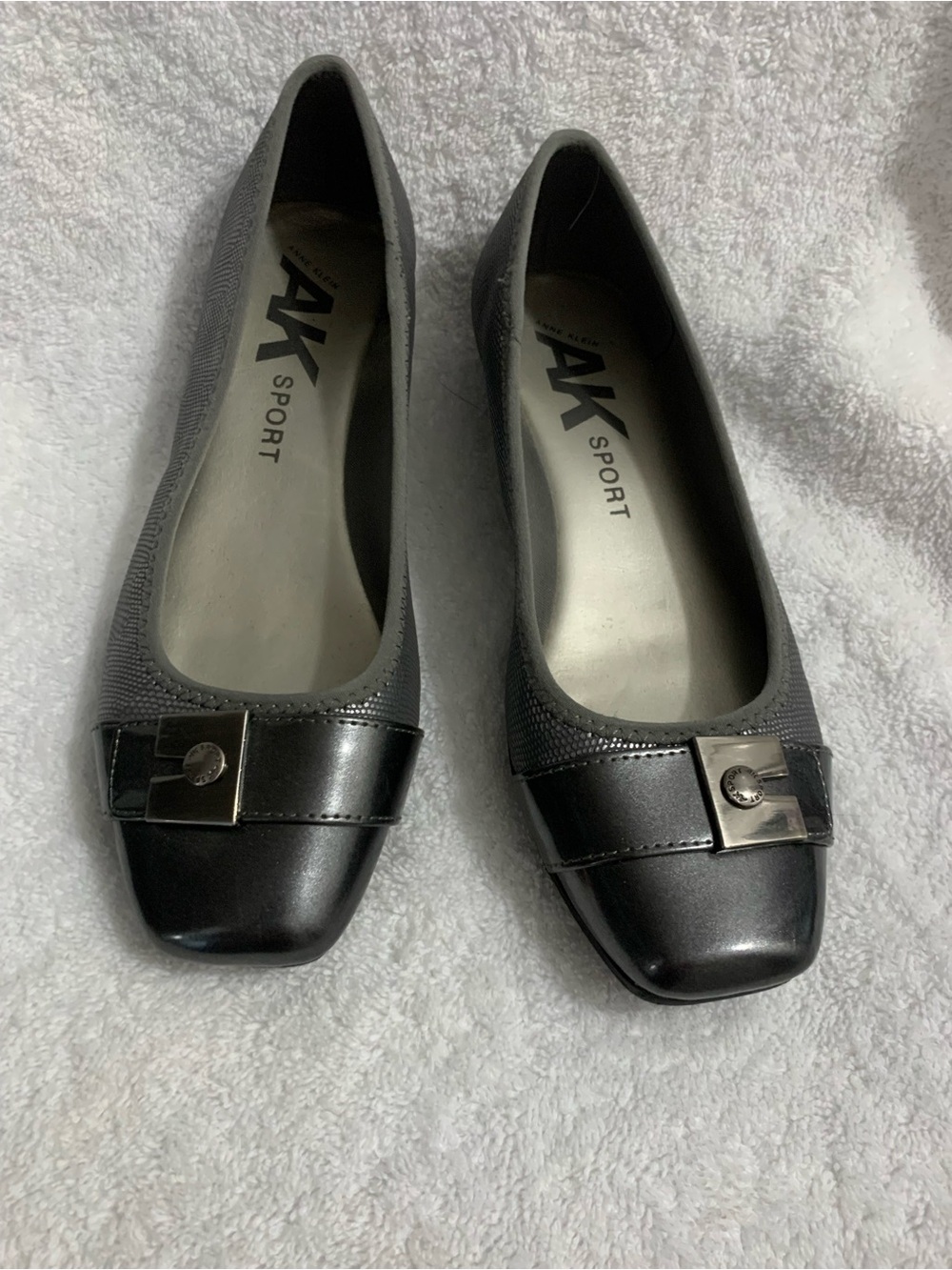 Anne Klein Black Patent Slide Sandals with Silver Buckle